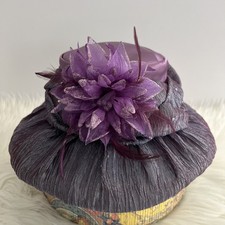 Ms. Divine Derby Church Rhinestones Flower Feathers Purple Wide Brim Hat