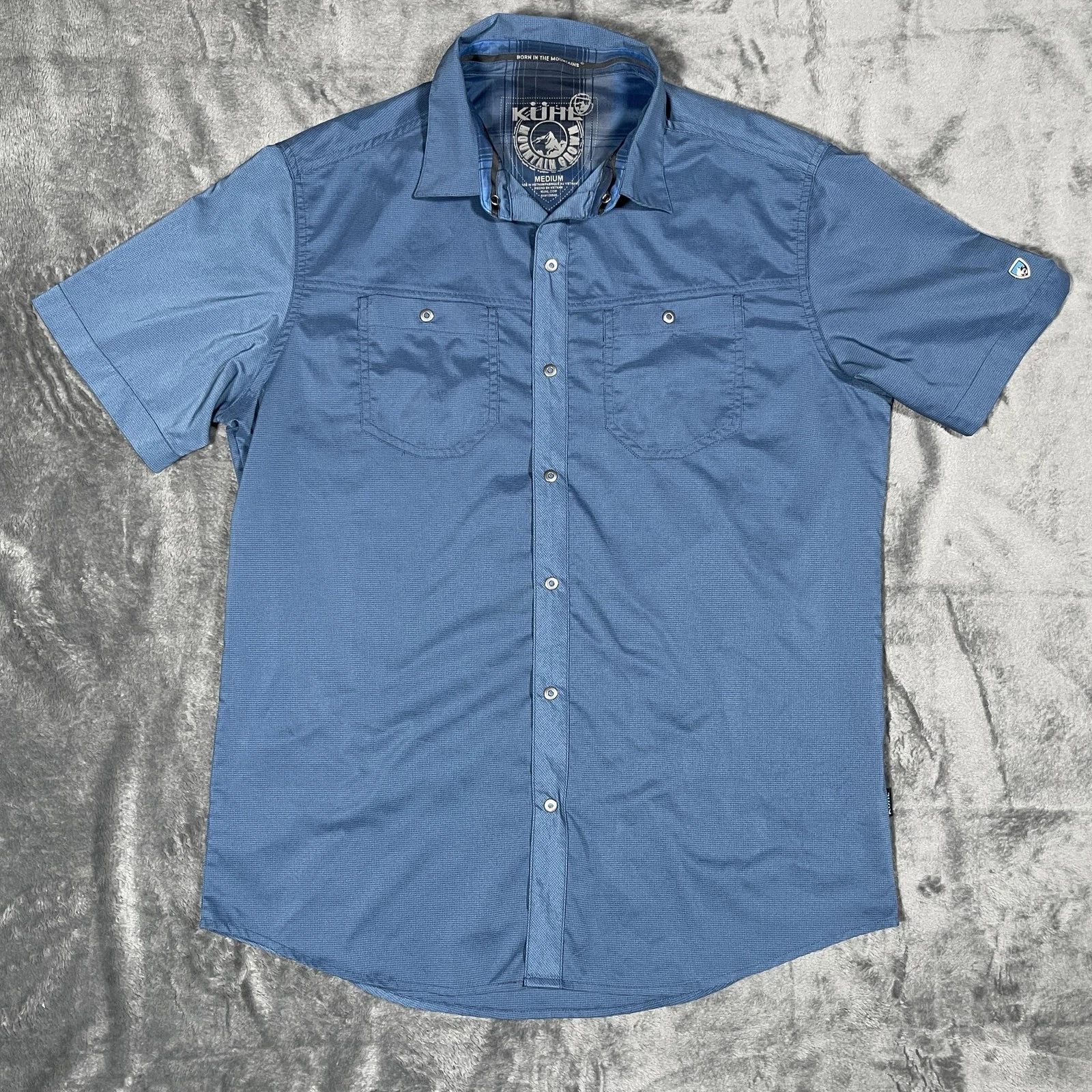 Kuhl Button-Up Shirt Mens M Blue Check Short Sleeve Lightweight Hiking Outdoor