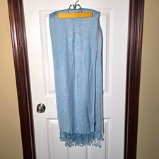 Blue Gray Solid Rectangle Woven Scarf Fringe Cotton Linen Viscose Women