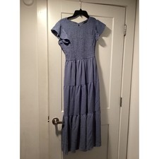 Bequemer Laden Blue Smocked Tiered Maxi Dress Flutter Sleeve Medium