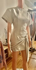 Beige Satin Mini Dress Short Sleeve Round Neck Knot Detail Zip Solid Size S