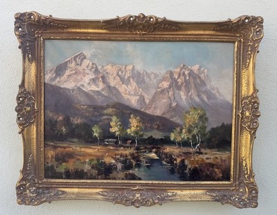 Wilhelm Neumayer German 20th C. Alpine Scene With River Oil Painting Signed