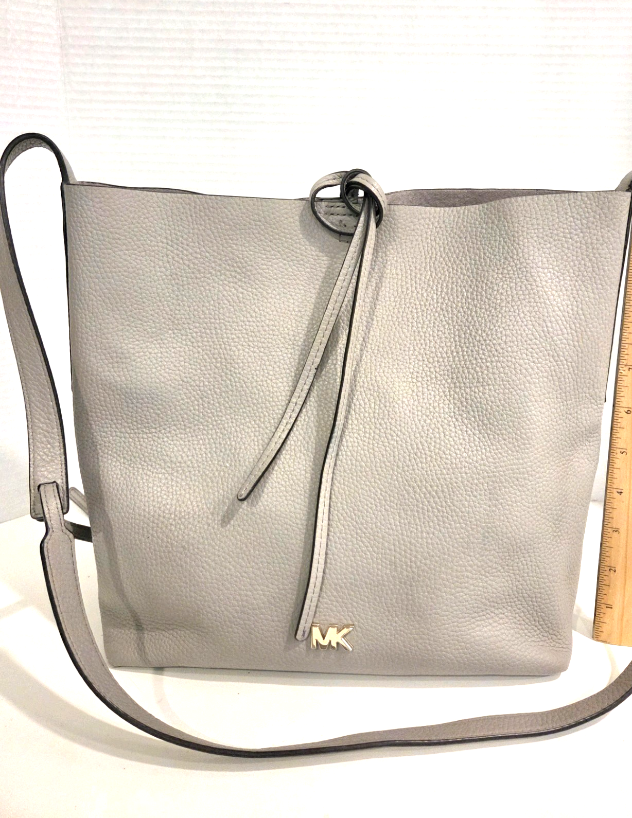 Michael Kors Junie Large Messenger/Tote Light Gray Pebbled Soft Leather 