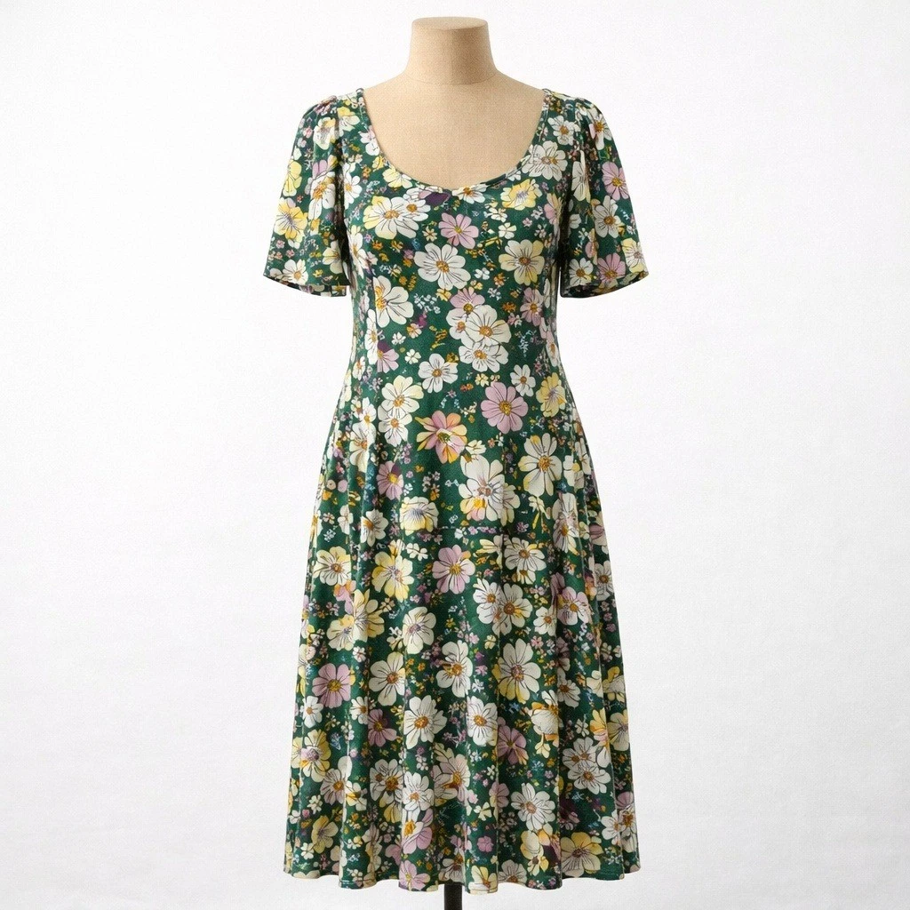 green emerald velvet dress Green Floral Puff Sleeve Dress main image 0