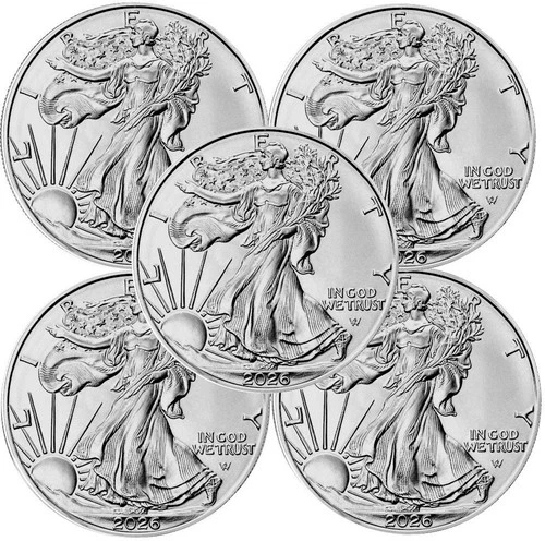 Lot of 5 - 2026 1 oz .999 Fine Silver American Eagle $1 Coin BU