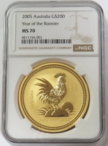 2005 GOLD AUSTRALIA $200 LUNAR YEAR OF THE ROOSTER 2oz NGC MS 70