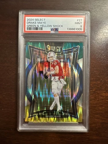 2024 Panini Select #27 Drake Maye Green & Yellow Shock RC PSA 9 Patriots