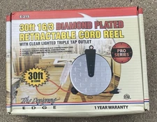 Designers Edge 30' Retractable Extension Cord Reel Diamond Plated 3 Outlet E-215