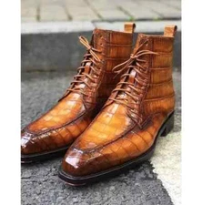 New Tan Crocodile Textured Leather Lace Up Formal Ankle Business Boots For Mens