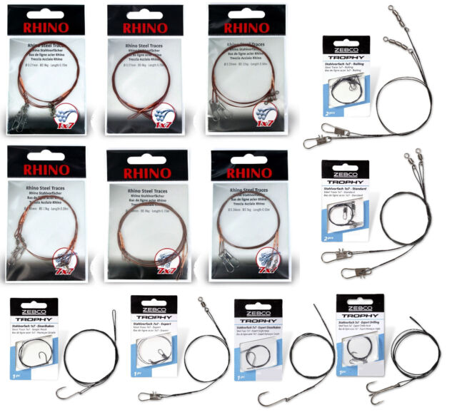 Rhino Zebco Stahlvorfach mit Wirbel Vorfach Drilling Einzel Zwilling Haken Hecht Rhino Zebco Stahlvorfach mit Wirbel Vorfach Drilling Einzel Zwilling Haken Hecht