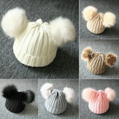 Baby Double Pom Pom Hat 2 Bobble Beanie Knitted Winter Warm Boy Girl Newborn-24M