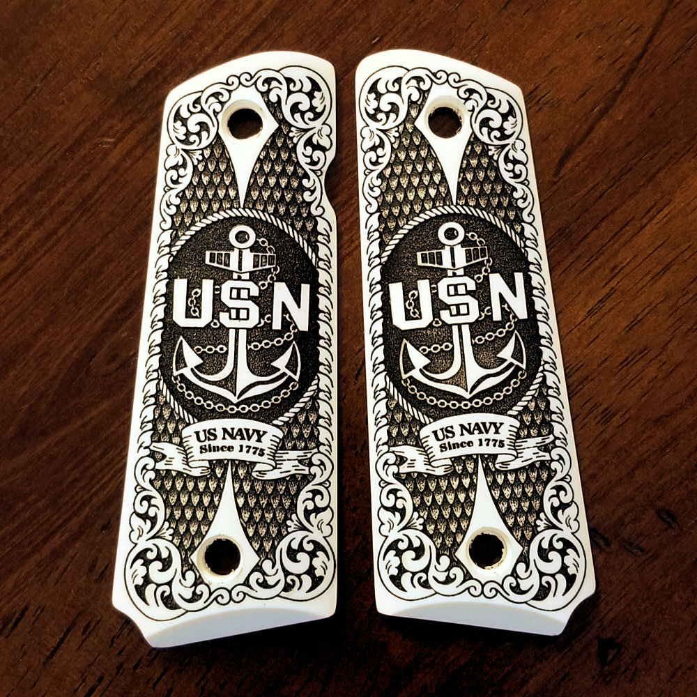 Colt 1911 custom 3D engraved imitation ivory grips US NAVY Anchor
