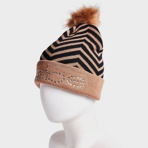 BEBE Women's Beanie Hat Pom Pom Brown 