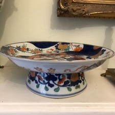 Antique Imari Japanese flow blue porcelain footed bowl hand painted Japan c.1890