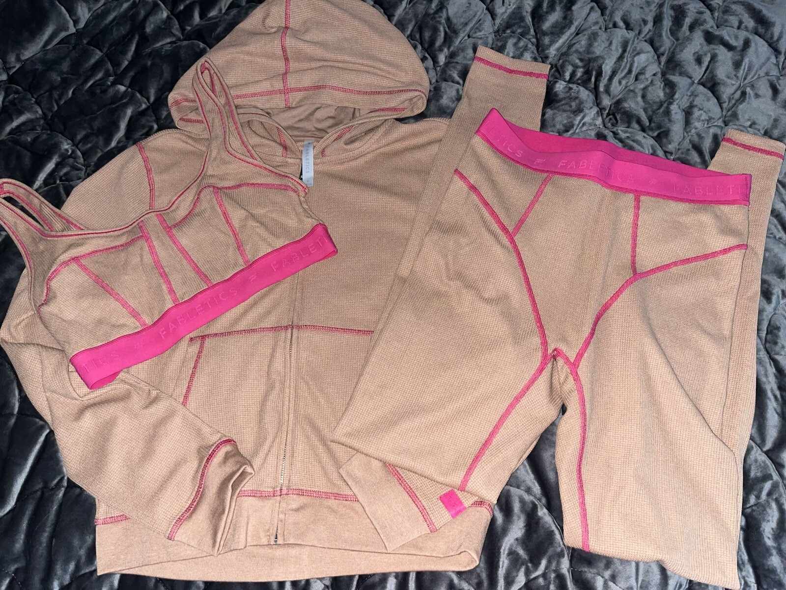 3 Piece Fabletics Waffle Outfit Bra Zip Up Hoodie Leggings Small NWT