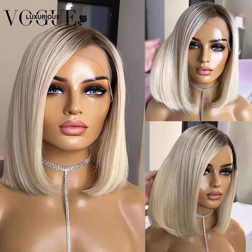 Ombre Platinum Blonde Short Bob Human Hair Wigs Pre Plucked HD
