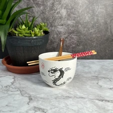 5"Oriental Dragon White Ceramic Ramen Noodle Rice Bowl 5" wide Gift Set of 3 pie