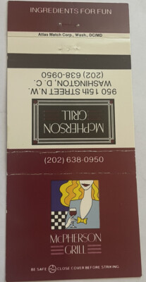 Vintage Matchbook Cover, Mcpherson Grill, Washington D.C E027