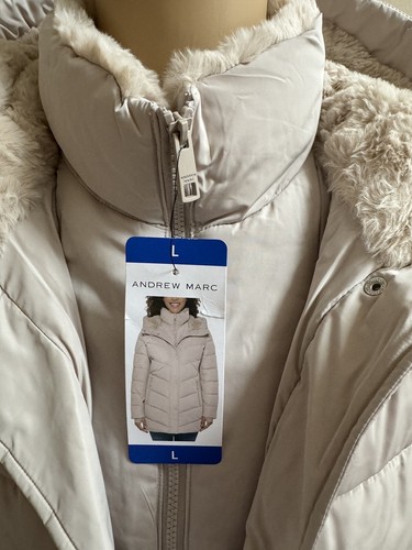 Andrew Marc Beige Winter Puffer Long Coat Jacket Hooded Faux Fur L Large Women - Picture 5 of 6