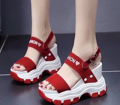 Red White Strappy Wedge Sandals Heart Buckle Accent Lightweight Summer Women