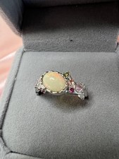 Sterling Silver S925 Adjustable Ring With Genuine White Opal Crystal