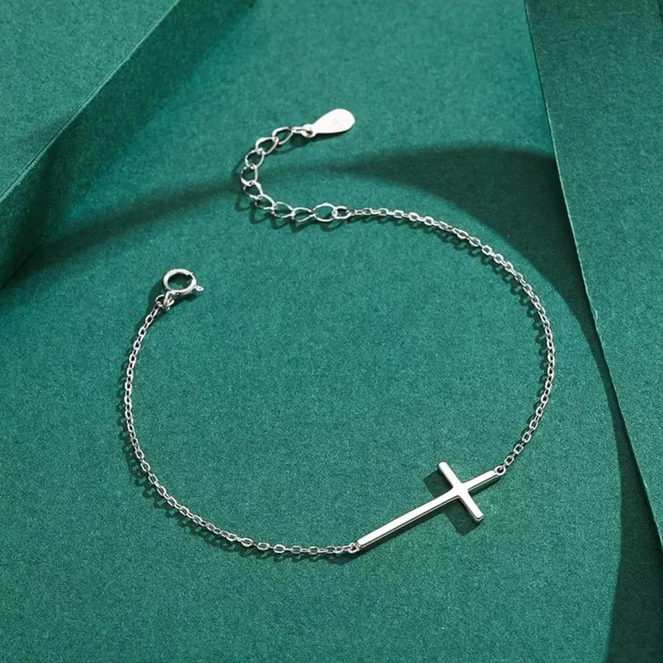 925 Sterling Silver Cross Bracelet Rhodium Plated Minimalist Xmas Gift Jewelry - Image 2 of 4