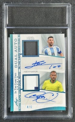 LIONEL MESSI NEYMAR JR. 2025 LEAF IN THE GAME USED DUAL JERSEY AUTO PLATINUM 4/6
