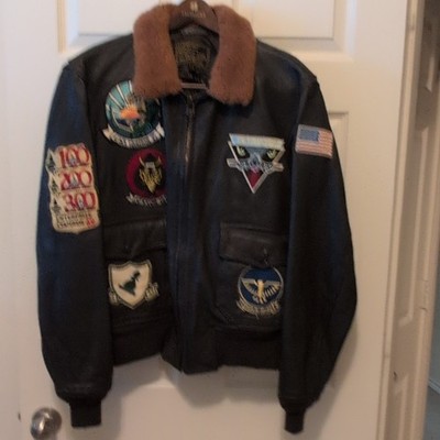 Cockpit Men s Bomber Flight Jacket US Navy Patch Goatskin Brown  Size 44 Zip