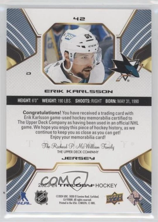 2023-24 Upper Deck Trilogy Jersey Erik Karlsson #42 - Image 2 of 2