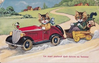 CPA FANTAISIE : CHATS HUMANISES EN VOITURE N° 505