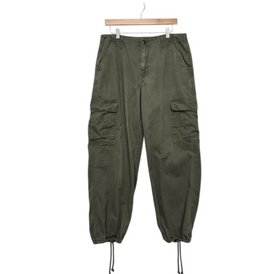 Levis 94 Baggy Cargo Pants Olive Green High Rise Drawstring Hem Womens Size 31