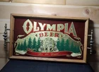 Vintage 70s Olympia Beer Holder Glass Mirror Sign Tray 19" Brass Handles RARE