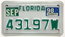 Vintage Florida 1998 Motorcycle License Plate 43197 W in Very Good Condition