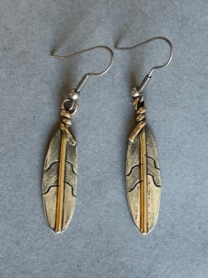 Vintage Navajo Sterling Silver and 12K GF Feather Earrings Signed K