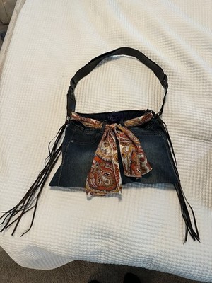 Miley Cyrus Style Denim Pants Purse Boho Fringe Scarf Upcycled Bag Y2K Festival