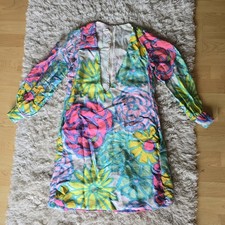 BH WRAGGE Vibrant Floral Long Sleeve Dress  Deep V Neck Size Medium Retro