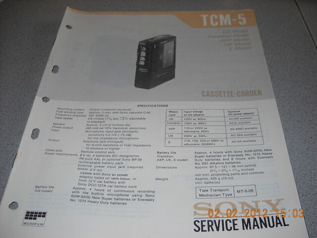 SONY TCM-5 Cassette Recorder Service Manual