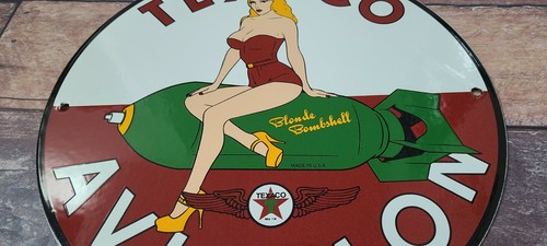 VINTAGE TEXACO GASOLINE PORCELAIN MILITARY SERVICE BOMBSHELL AIRPLANE GAS SIGN - Picture 3 of 11