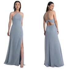 Jenny Yoo Ingrid Bridesmaid Pointed Halter Neckline Maxi Dress Chambray Size 4