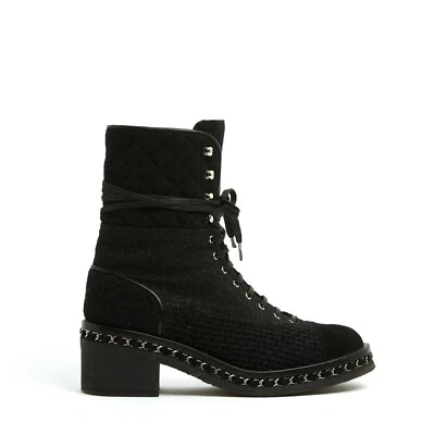 Botas Chanel EU39 Lana Negra Tweed y Cadena Zapatos de Combate Botas UK6 US8.5 - Imagen 1 de 4