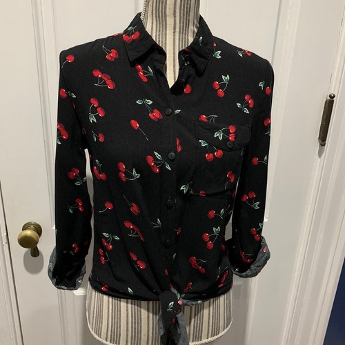 Cherry Print Tie Front Blouse Small B9 