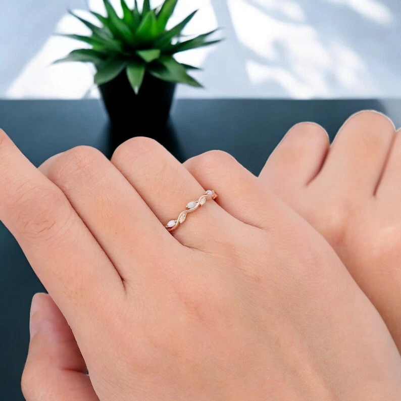 Opal wedding Band Opal Half Eternity Band Solid 14k Rose gold Band - Image 2 of 4