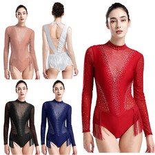 Womens Bodysuit Rhinestones Costume Soft Leotard Mesh Jumpsuit Breathable Top