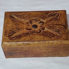 Carved Flower Top Wooden Trinket Box Made in India 6  4  2 " Brown Handmade