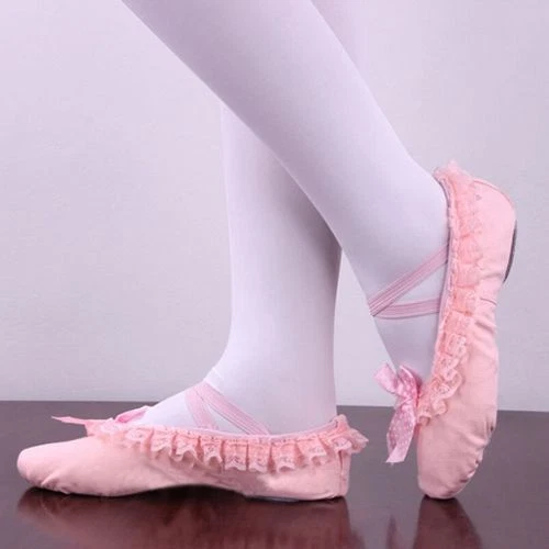 Niños pequeños Bebé Encaje Lona Rosa Ballet Zapatos Suaves Suela de Cuero Dividido Foto 2 de 3