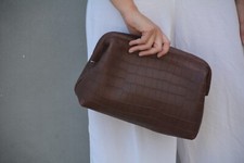Handmade Brown Crocodile embossed leather clutch purse handbag retro evening bag