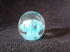 Vintage Hand Blown Round Glass Paperweight w/ Blue Flowers and Controlled Bubble