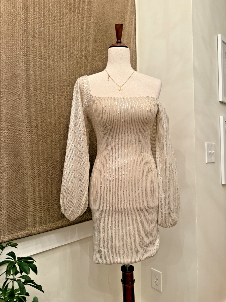 ドレス Ay Sequined Dress Size 2 Long Sleeves Bodycon Mini Beige and