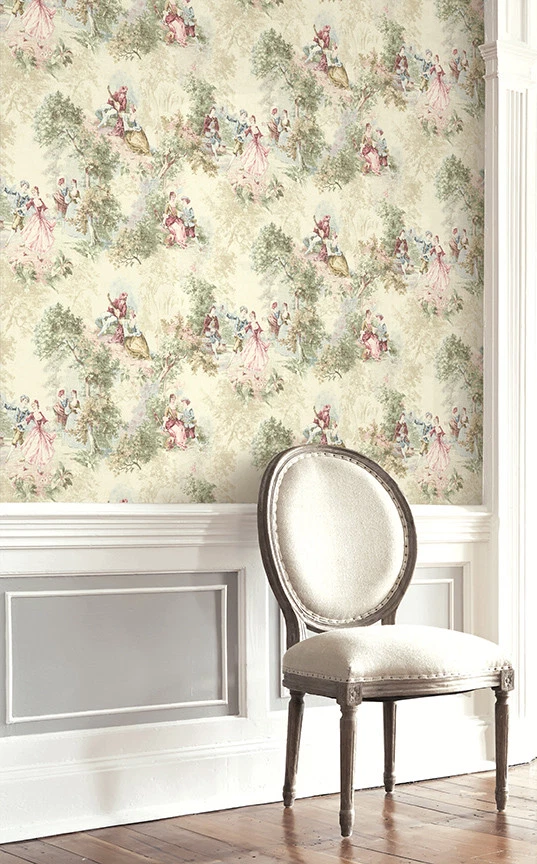 Wallpaper French Toile Faux Tapestry Green Blue Red Pink on Cream, 60 sq ft Bolt - Image 2 of 2