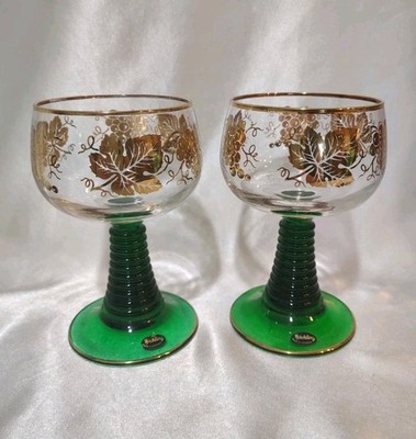 2 German Roemer Goblet Wine Glass Green Beehive Stems Grape Leaves Fired Gold
